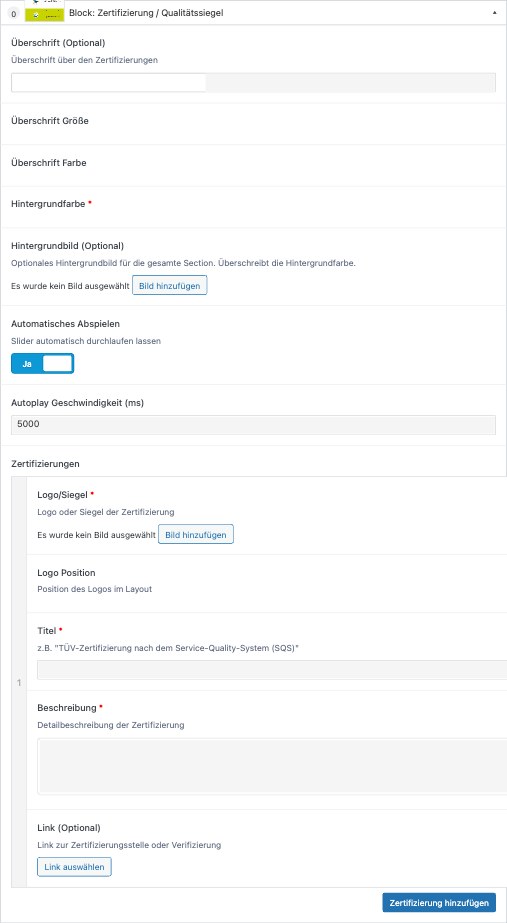 22. Block: Zertifizierung / Qualitätssiegel – Backend